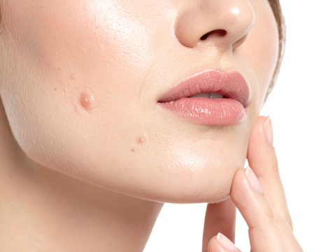 Close-up on a woman's face, focusing on skin texture and minor blemishes. Hand touching cheek