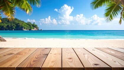 Fototapeta premium Relaxing beach view with wooden table tropical paradise nature calm environment close-up perspective