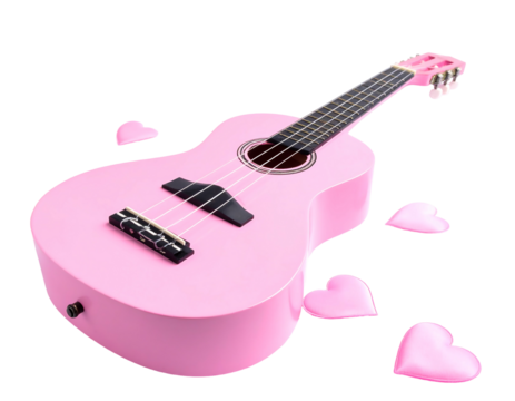 Cute pink ukulele laying diagonally surrounded by heart shapes against a black background