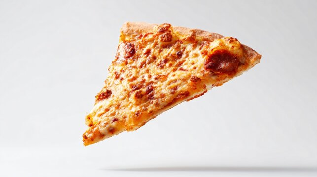 Isolated pizza slice floating midair, clean white void, modern surreal style