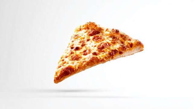 Isolated pizza slice floating midair, clean white void, modern surreal style - Powered by Adobe