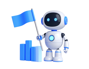 Cute, white robot with blue accents holds a flag next to bar graphs on a transparent background