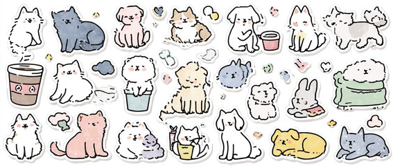 Cute animal cartoon stickers collection vector illustration featuring dogs cats and a bunny on a white background great for childrens designs and animal themed projects