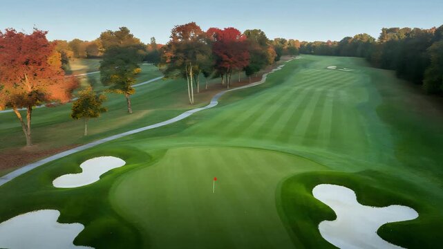 Aerial View of Autumn Golf Course at Sunrise with Flagstick, Sand Traps, and Vibrant Foliage
