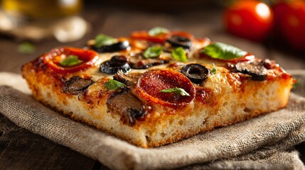 Sicilian pizza slice on rough linen cloth, Mediterranean light, warm rustic tone