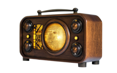 Old fashioned radio set evoking New Years Eve nostalgia with warm golden tones and vintage style isolated on transparent background PNG