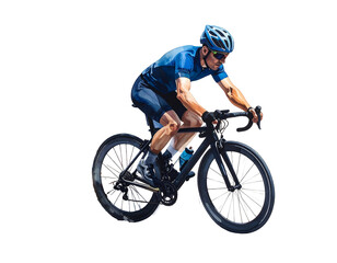 Obraz premium Cyclist riding black road bike in athletic posture, helmet, sunglasses, blue shirt. Black backdrop
