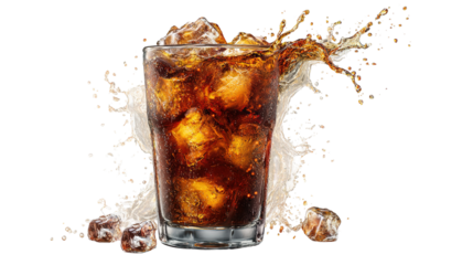Tall glass of iced cola with red straw isolated on transparent background