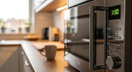 Closeup shot of a modern microwave oven in a bright kitchen, showcasing its sleek design and functionality for everyday cooking tasks