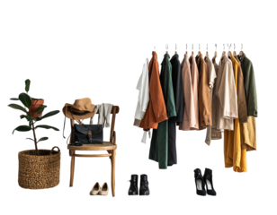 Clothes rack showcases various stylish garments with adjacent chair, handbag, hat, shoes, and decorative plant, against a black background