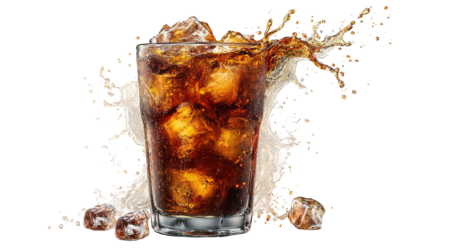 Tall glass of iced cola with red straw isolated on transparent background