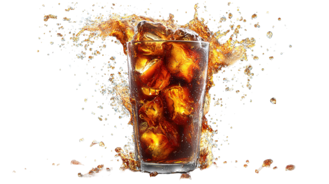 Tall glass of iced cola with red straw isolated on transparent background