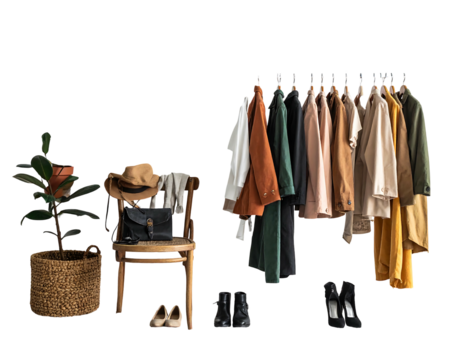 Clothes rack showcases various stylish garments with adjacent chair, handbag, hat, shoes, and decorative plant, against a black background