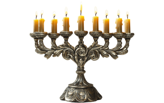 Vintage silver menorah with intricate detail and candles lit representing Hanukkah tradition and faith isolated on transparent background PNG