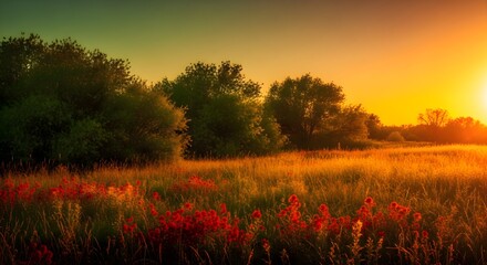 A vibrant sunset over a field of wildflowers with trees in the background casting long shadows across the land