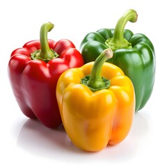 Fresh red, yellow, and green bell peppers with glossy skin and stems on white surface, showcasing vibrant color, texture, and vegetable variety