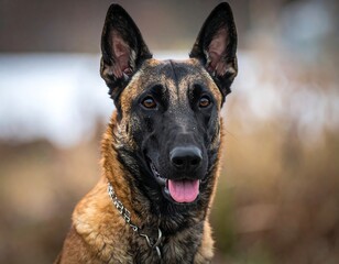 Close-up of a handsome dog with attentive eyes and a slightly open mouth