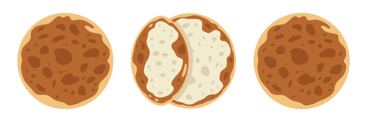 Crispy cookie icons, chocolate chip style rounds, cutaway texture view, sweet snack clipart, dessert bakery vector illustration