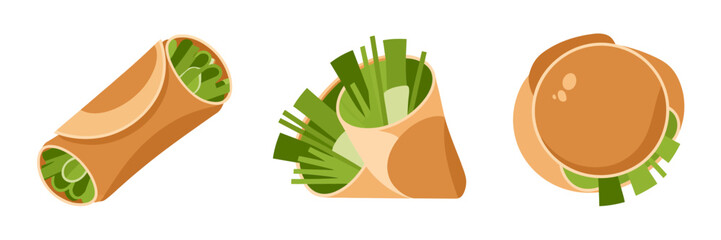 Fresh wrap assortment, veggie filled rolls, lettuce leaves showing, whole grain wrap, round fried snack, casual lunch vector