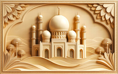 Decorative 3d illustration of a mosque in a warm beige color scheme and intricate details