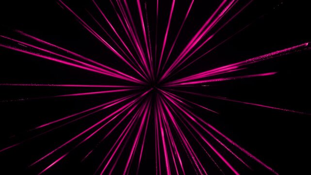 Magenta particle trails radiate from center in a neon, futuristic burst dynamic, high speed energy stream evoking warp travel and lightspeed motion. 3d loop animation 4k