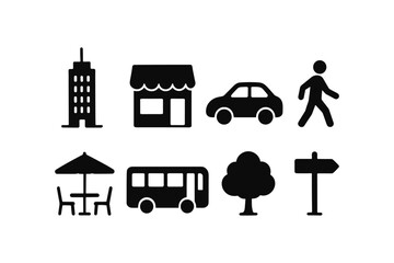 Naklejka premium Urban icon set: transport, buildings, and lifestyle silhouettes