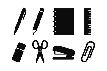 Obraz premium Silhouette icons of office supplies including pen, pencil, notebook, and more