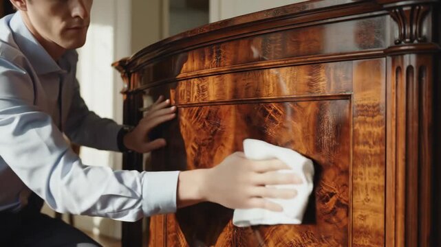 Man polishing wooden cabinet: craftsmanship and care in wood maintenance