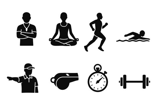 Sport icons set: yoga, running, swimming, coaching, and fitness equipment in silhouette style