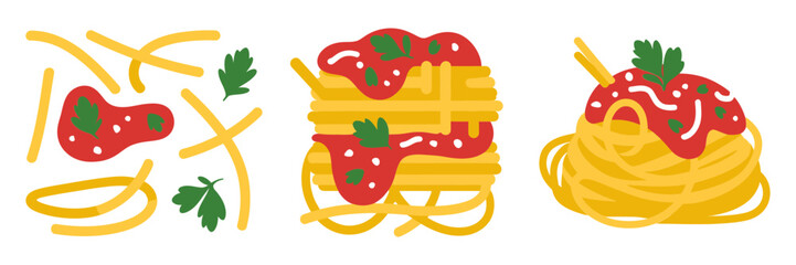 Pasta ingredients and noodles, tomato sauce with herbs, cooking elements set, kitchen preparation icons, Italian cuisine vector