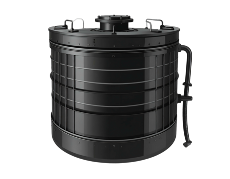 Dark, cylindrical industrial object with horizontal lines and top port against a solid black background; side view