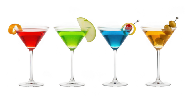 Four colorful martini cocktails in martini glasses with garnishes ready for celebration transparent background - Powered by Adobe