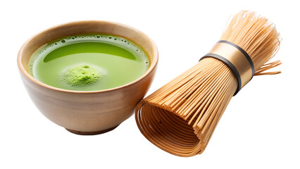 A serene bowl of matcha tea isolated on transparent background, accompanied by a traditional bamboo whisk, embodying the essence of japanese tea ceremony and mindful tranquility