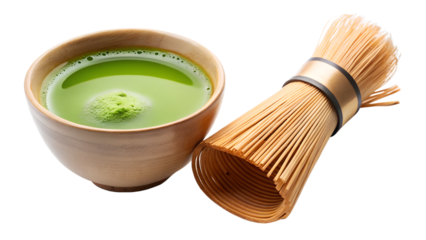 A serene bowl of matcha tea isolated on transparent background, accompanied by a traditional bamboo whisk, embodying the essence of japanese tea ceremony and mindful tranquility