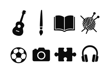 Obraz premium Hobby icons collection: music, art, reading, knitting, sports, photography, puzzles, audio