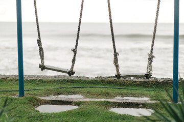 Empty Rope Swings on a Rainy Seaside Day
