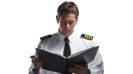 Focused airline pilot reading pre-flight checklist before taking off on his next international flight, ensuring passenger safety and a smooth journey
