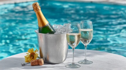 Champagne bottle in silver ice bucket beside two elegant glasses filled with sparkling wine, set on a table near a refreshing blue swimming pool, creating a luxurious and celebratory atmosphere