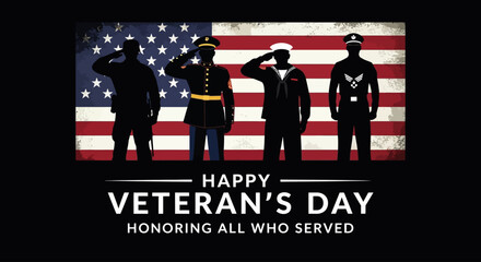 Veterans Day graphic with silhouettes of service members against an American flag.