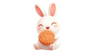 White rabbit holding a mooncake celebrating the Mid Autumn Festival with charm and tradition isolated on transparent background PNG