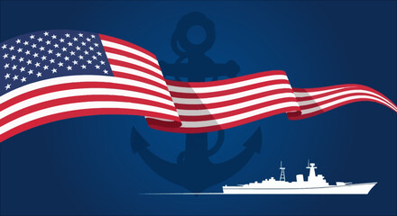 American flag waving with a ship and anchor in the background. © Kumara