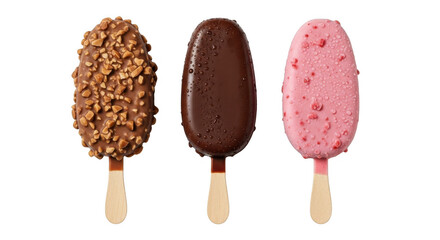 Obraz premium Three delicious frozen treats nutty chocolate covered and strawberry ice cream bars on sticks transparent background