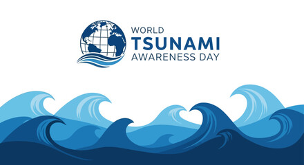 World Tsunami Awareness Day graphic with blue waves and a globe.