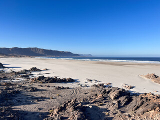 Beautiful beach called Playa Los Amarillos in National Park Pan de Azúcar, Chile.  Sandy beach in natural  desert area with dramatic cliffs, and pristine coastal scenery.