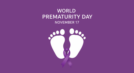 World Prematurity Day image with baby footprints and purple ribbon on a purple background.