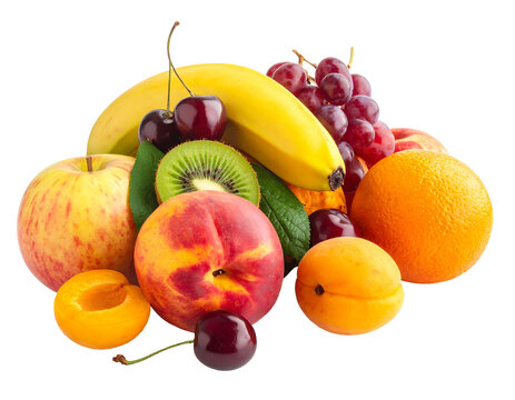 Colorful arrangement of various fresh fruits like bananas, grapes, apples, peaches, cherries, apricots, kiwi, and orange
