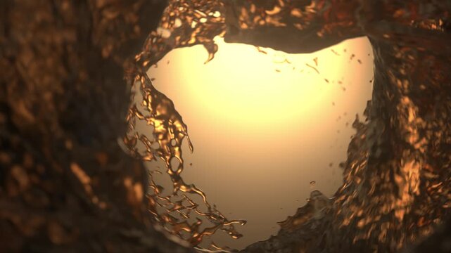 Abstract animation of a camera moving through a glowing tunnel of swirling golden liquid. The fluid forms a vortex illuminated by a warm sunset light. 3d loop animation 4k