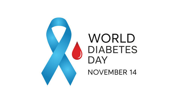 World Diabetes Day image with blue ribbon and blood drop.