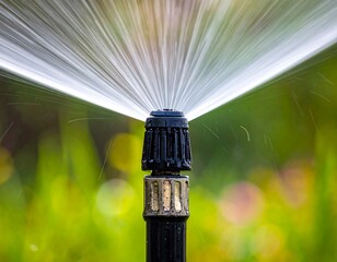 Close-up of a lawn sprinkler, spraying water with a green background