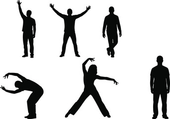 Silhouettes of expressive human poses in dance and gesture stances, black figures on white background, vector illustration for movement study